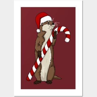 Christmas otter holding a candy cane Posters and Art